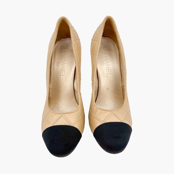 Chanel CC Cap Toe Quilted Pumps EU 39C US 8-8.5 Gold Beige Leather Two Tone Heel - Picture 2 of 14
